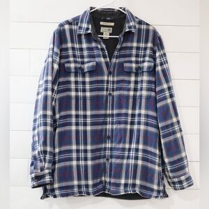 LL Bean Fleece Lined Flannel Shirt Jacket Plaid Blue Mens Medium